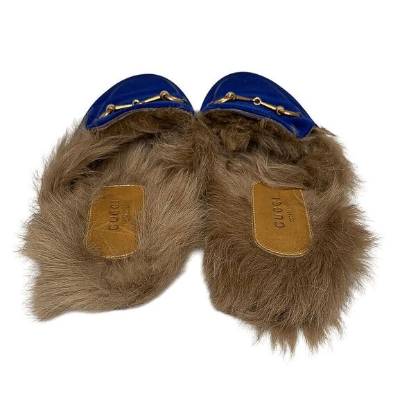 Gucci Princetown Fur Slipper EU 38 US 8 Blue Velvet Horsebit Mule Loafer Flats - Picture 6 of 10